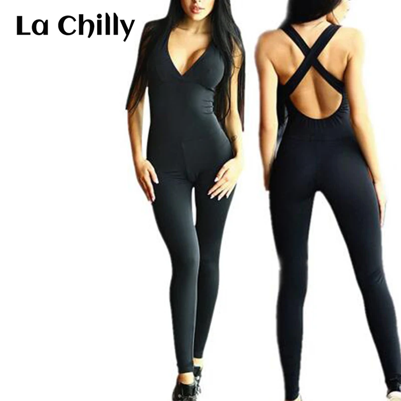 

Rompers Womens Jumpsuit Sexy Deep V Elastic Jumpsuits Sportswear Overalls Backless Bodysuit Macacao Barboteuses Femmes Salopette