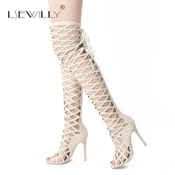 

Lsewilly Sexy Peep Toe Gladiator Sandals Super High Heel Over The Knee Summer Long Boots Ladies Stiletto Heels Shoes S392