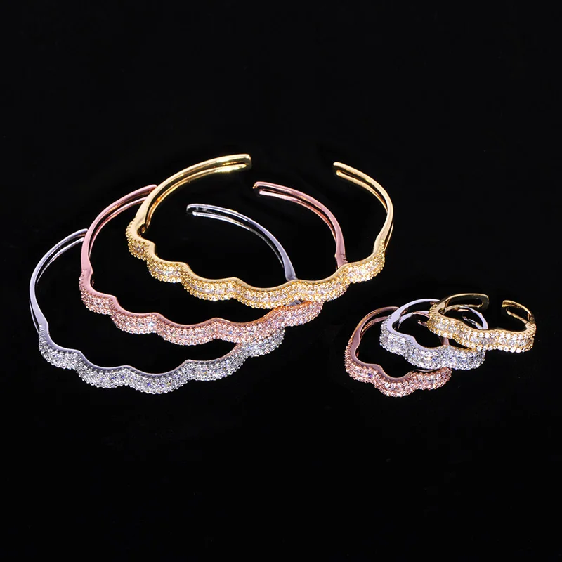 

Dazz New Fashion Luxury 3 Color Bangle Ring Set Super Shiny AAA Cubic Zircon Women Ripple Shape Wedding Party Jewelry Sets Gifts