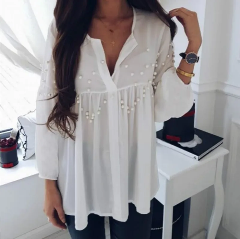 

Elegant pearls Beads Shirts with long sleeves V ncek white chiffon shirt pleated plaid Chic blouse Office women's Casual Tops