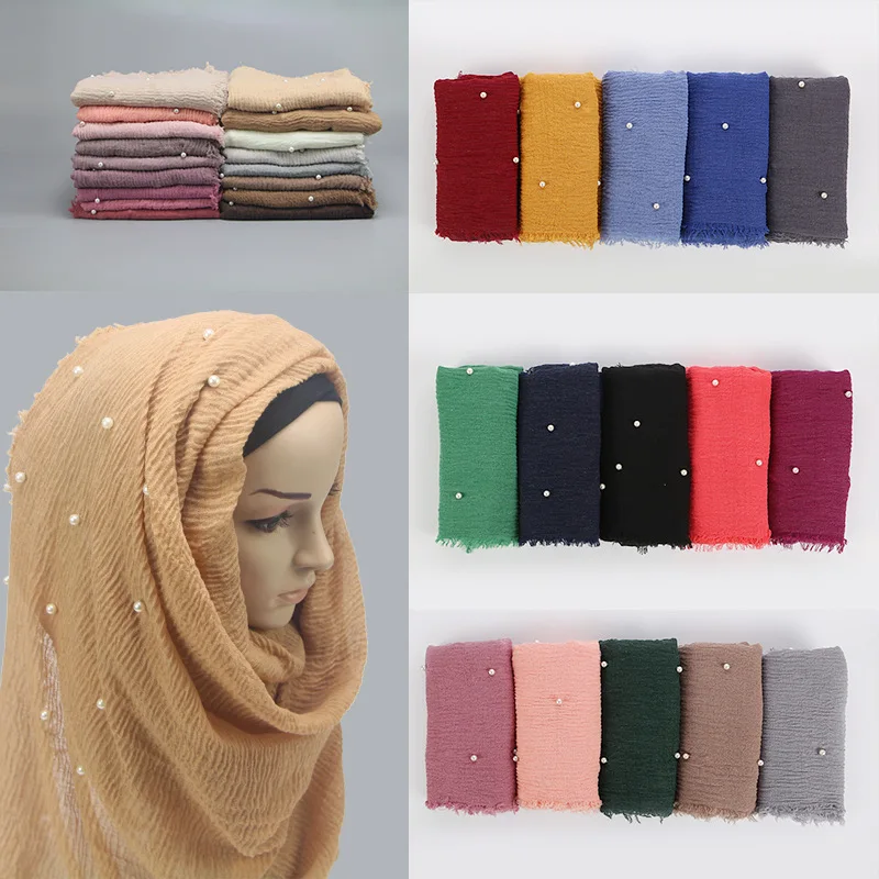 

M MISM Ethnic Oversize Muslim Crinkle Hijab Head Scarf Women Solid Bubble Cotton Shawls And Wraps Soft Big Pearl Foulard Femme