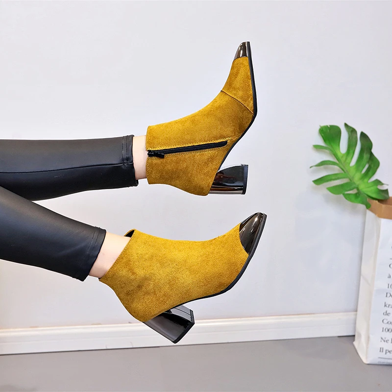 

Women Shoes Square Spring Autumn Fleece Heel Black Yellow Red Boots Point Toe 6cm Ankle Martin Shoes Female Lady Fashion