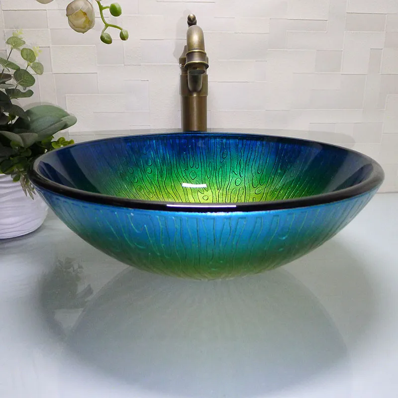Bathroom Round Tempered Glass Above Counter Wash Basin Cloakroom Counter Top Vessel Sink HX012