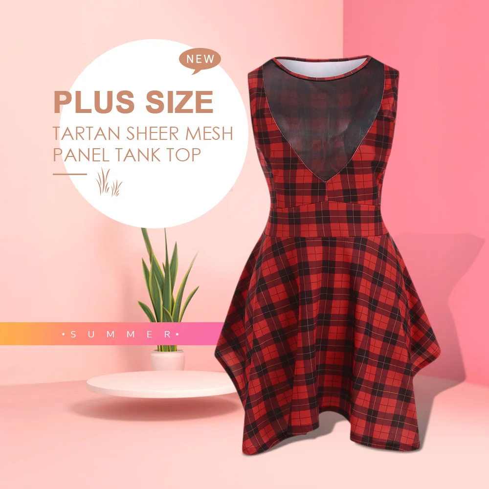 Plus Size Tartan Sheer Mesh Panel Tank Top 