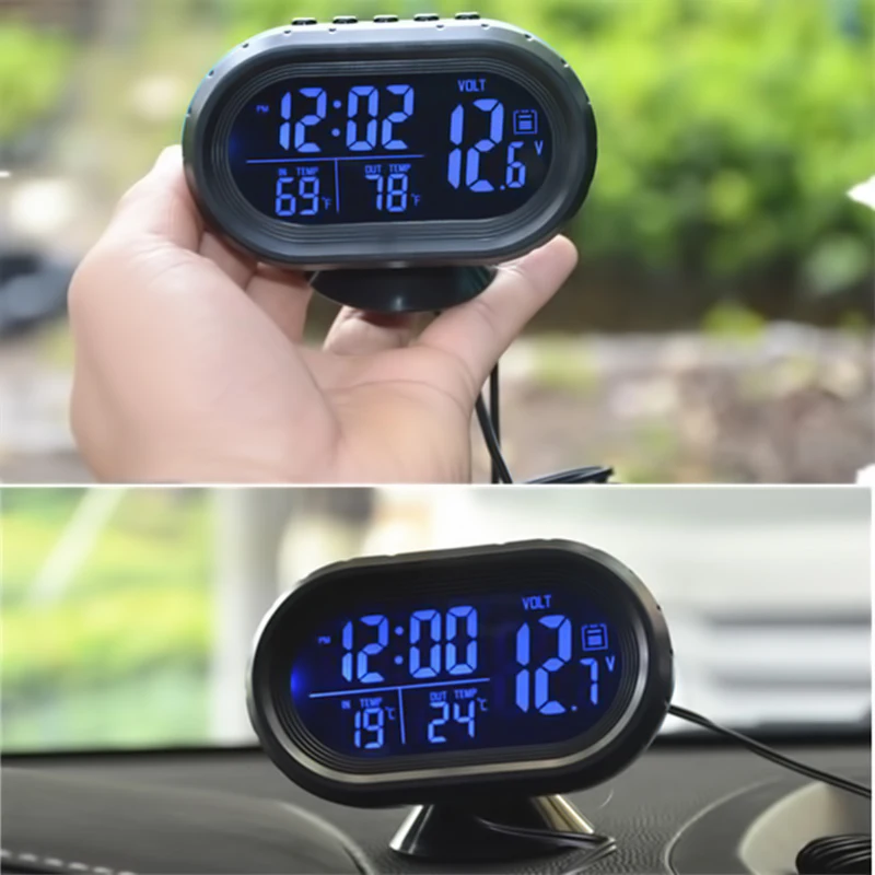 Автомобильный термометр, цифровые часы DC12/24 В, автомобильные часы, светодиодный, с подсветкой, автоматический двойной датчик температуры, вольтметр, тестер напряжения
