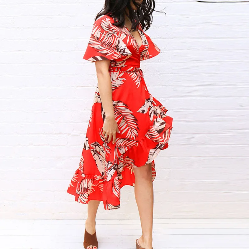 Red green tropical leaf print beach tunic ruffle slit wrap maxi dress robe femme boho chic sukienka chiffon dresses | Женская одежда
