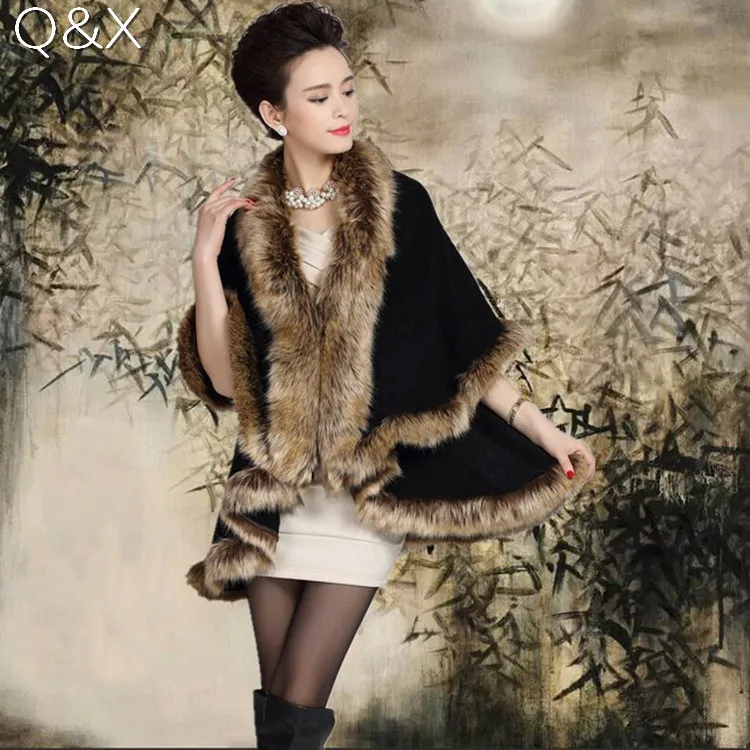 

SC64 2017 Winter New Large Size Women's Temperament Double-knit Cardigan Imitation Fox Fur Cape Fur Wedding Shawl Fashion Poncho