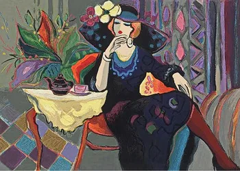 

Modern handmade painting girl with black dress sitting on chair on oil canvas for home decor and wallpaper, gallery