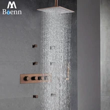 European Style Rainfall Showerhead Wall Antique Brown Thermostatic Bathroom Shower Set ORB Shower Mixer Faucet With Spray Jets