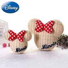 Disney Minnie Mouse Handmade Rattan New Cartoon Mickey Women Purse Lovely Girl Straw Backpack Vintage Casual Bucket