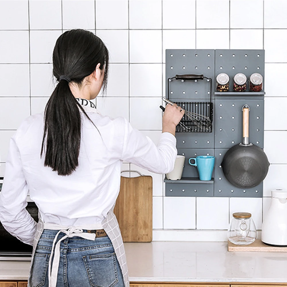 

Home Use Wall Shelf With Sticker Pegboard PP Hole Board Wall Hanging Hooks Kitchen Bathroom Organizer Storage Rack