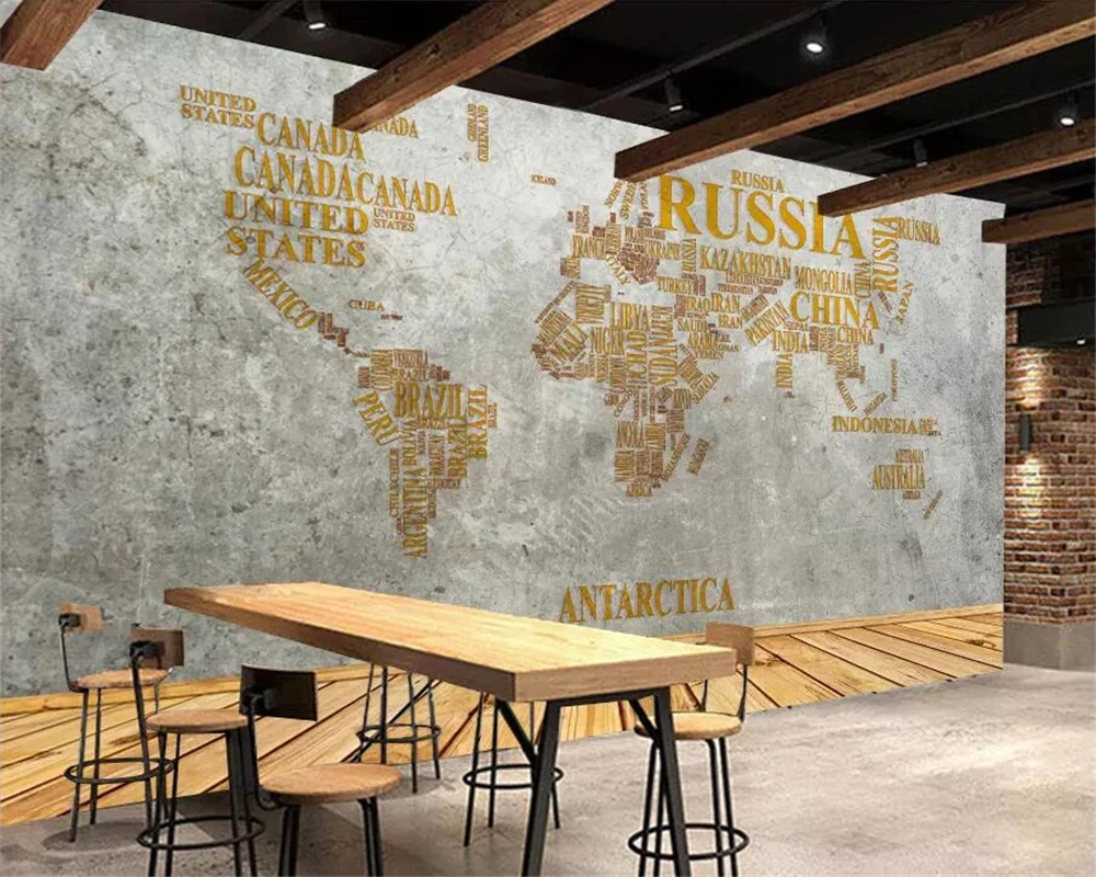 beibehang Wallpaper custom large high-end retro nostalgic English alphabet world map cement wall painting background | Обустройство
