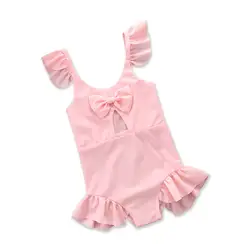 Летние Для детей для маленьких девочек бикини цельный чистый розовый бантом Купальники для маленьких девочек одежда пляжная одежда