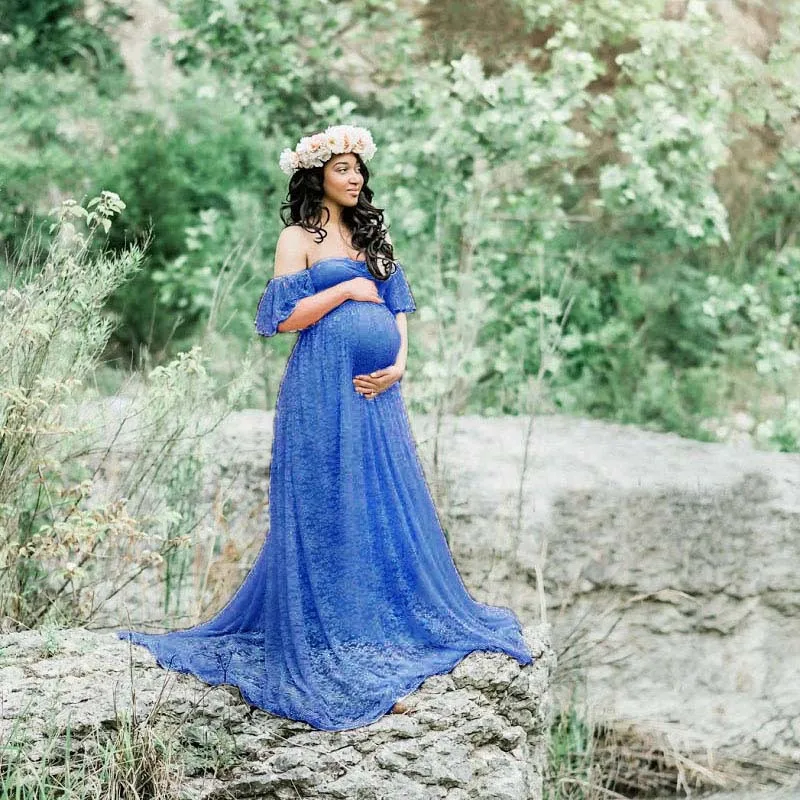 Длинное платье для беременных; реквизит для фотосессии; платье для беременных; платья для фотосессии; платье для беременных; Кружевное платье макси - Цвет: Синий