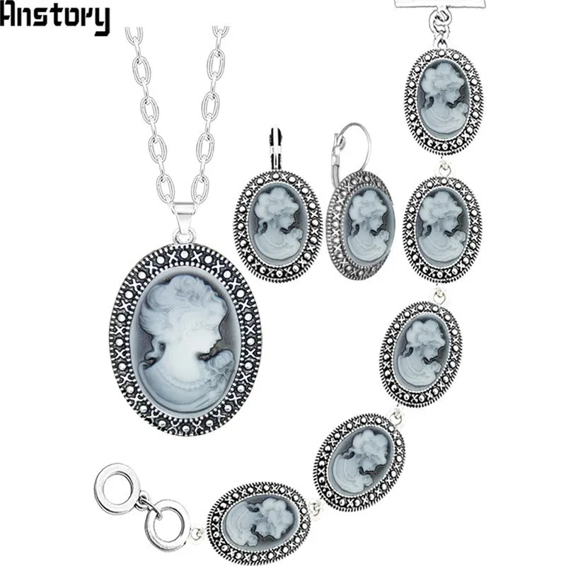 Oval Lady Queen Cameo Jewelry Set Antique Silver Plated Necklace Earrings Bracelet Fashion Jewelry TS419 - Окраска металла: Gray