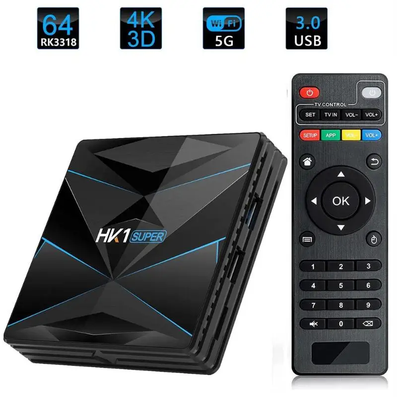 HK1 супер Android 9,0 Smart tv Box 4 Гб + 32 ГБ RK3318 четырехъядерный 64 бит Cortex-A53 2,4 г/5 г WiFi телеприставка с кабелем питания