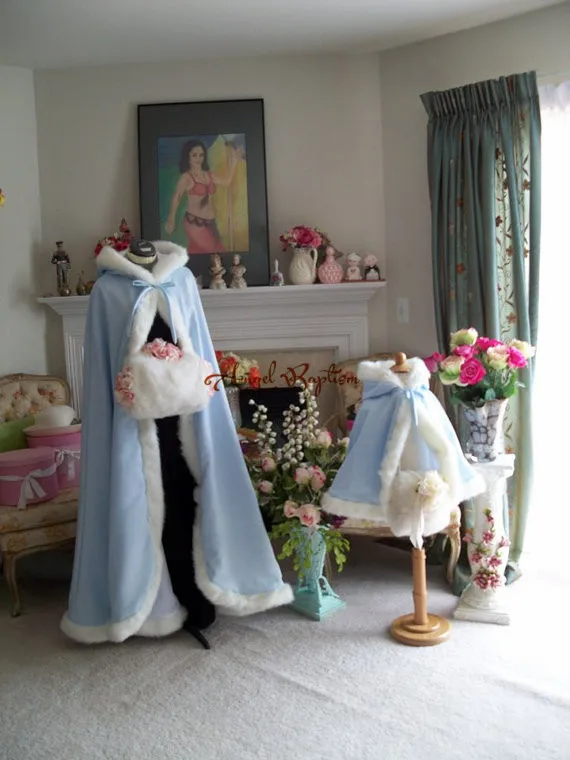 Sky blue hip length flower girl faux fur cloaks cape winter satin jacket hooded wrap bolero wedding party outwear with hand muff Sky blue hip length flower girl faux fur cloaks cape winter satin jacket hooded wrap bolero wedding party outwear with hand muff