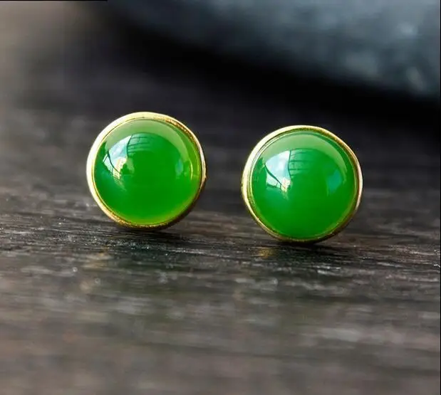 Beautiful Jade ear studs natural ice bottomold green Hetian jade 925