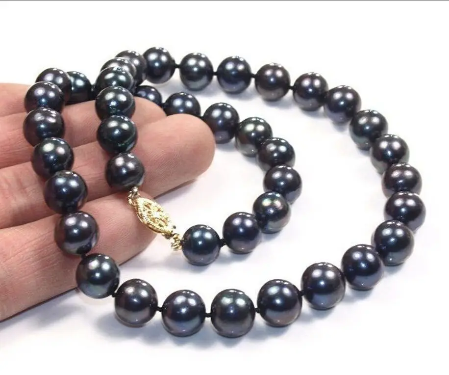 

Free Shipping >>>18" 10-11MM AAA+ TAHITIAN NATURAL BLACK PEARL NECKLACE 14K YELLOW GOLD CLASP