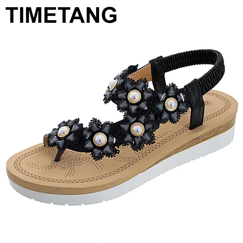 

TIMETANG 2018 women sandals summer BOXIMIYA style Elastic Band Black color pearls platform flip flops women size 36-41