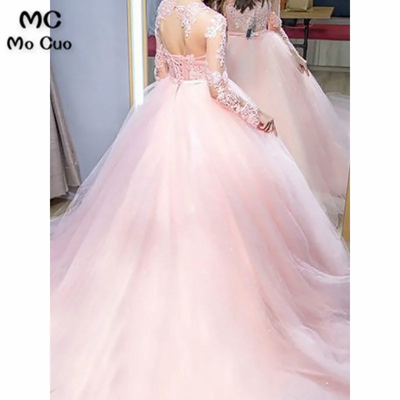 Ball Gown Jewel Long Sleeves Sweep Brush Train Lace Tulle Dresses3