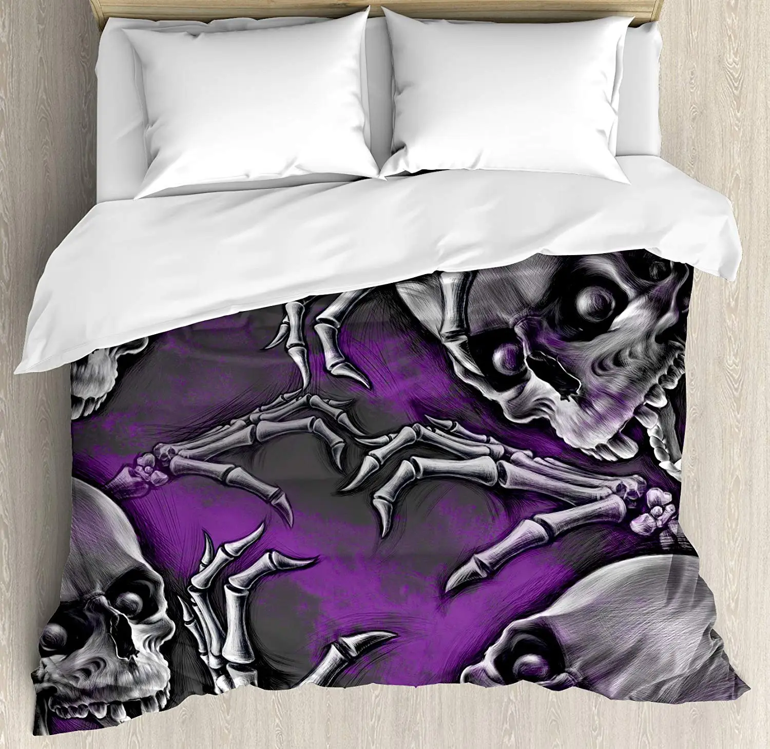 

Skull Decor Duvet Cover Set, Scary Creepy Spooky Happy Smiling Skeleton with Boned Hand Art Print, 3 Piece Bedding Set