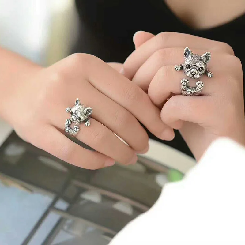 

Wholesale New Trendy French Bulldog Ring Antique Silvere Color Fashion Men Promise Rings For Women Overwatch Aros