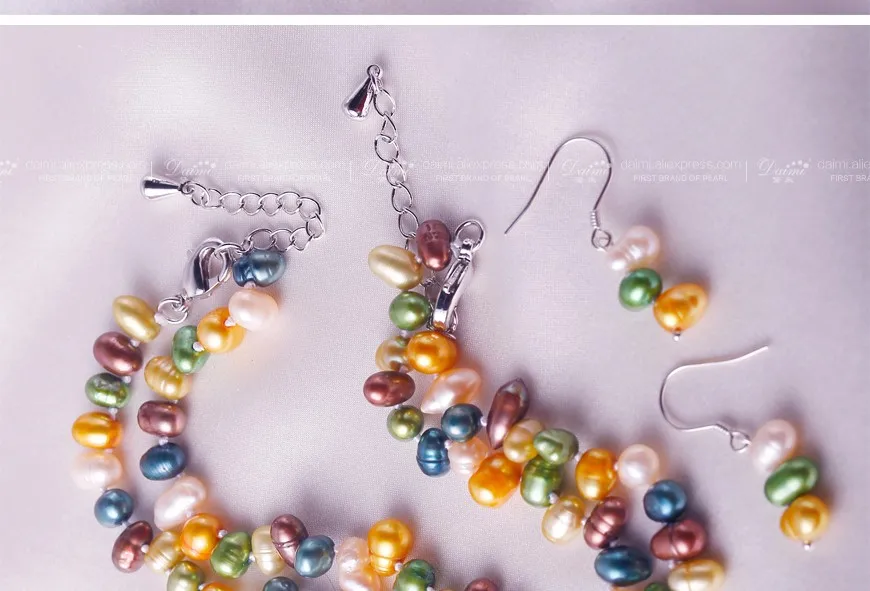 DAIMI набор разноцветных пресноводных жемчужин, 5-6 мм, культивированный жемчуг, ожерелье+ браслет+ серебряные серьги, ювелирный набор, хороший подарок для девочек