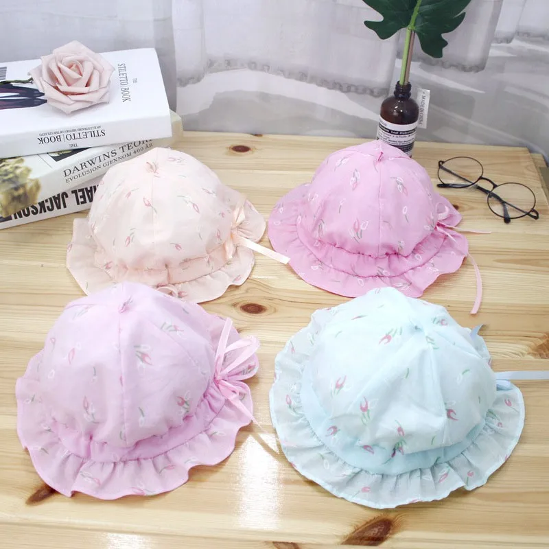 

Summer Newborn Baby Boys Girls 8 colors 0-12 Mouths Hat Dot Bowknot Ribbon Cotton Sun-Proof Bucket Cap