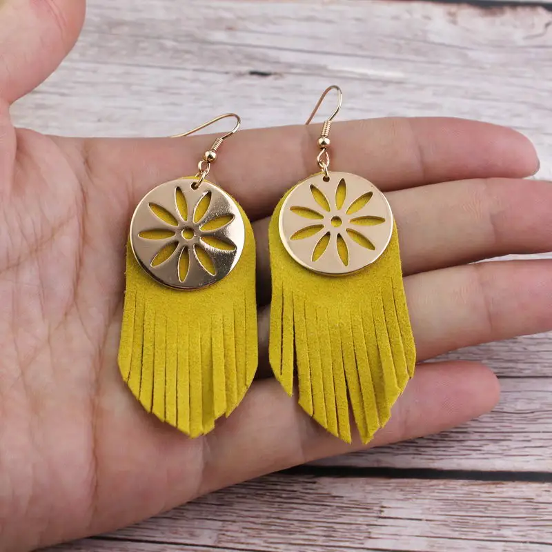 

ZWPON Gold Disc Soft Suede Leather Tassel Earrings for Women Leather Fringe Earrings Jewelry Wholesale