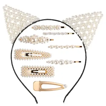

9 Pcs/set Girl Headdress Artificial Pearl Rabbit Ears Students Headband Hairpin Elegant Cute Lady Hair Jewelry Decoration Gift