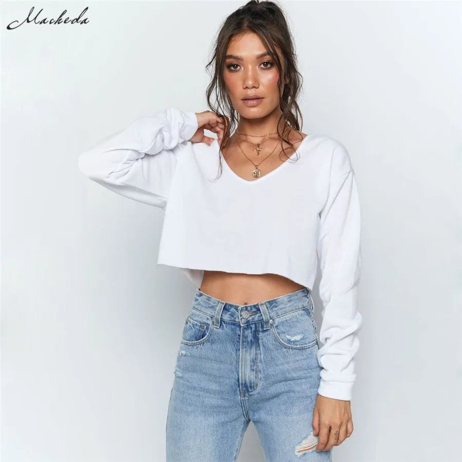 

Macheda Women Solid Fashion Pullovers V Neck Loose Long Sleeve Sweatshirts Lady Casual Vacation Cropped Tops 2019 New