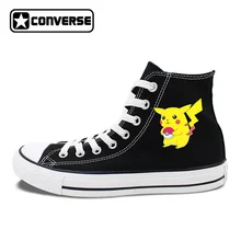 Skateboarding Shoes Design Black White Colors High Top Converse Chuck Taylor Pokemon Pikachu Unisex Canvas Sneakers