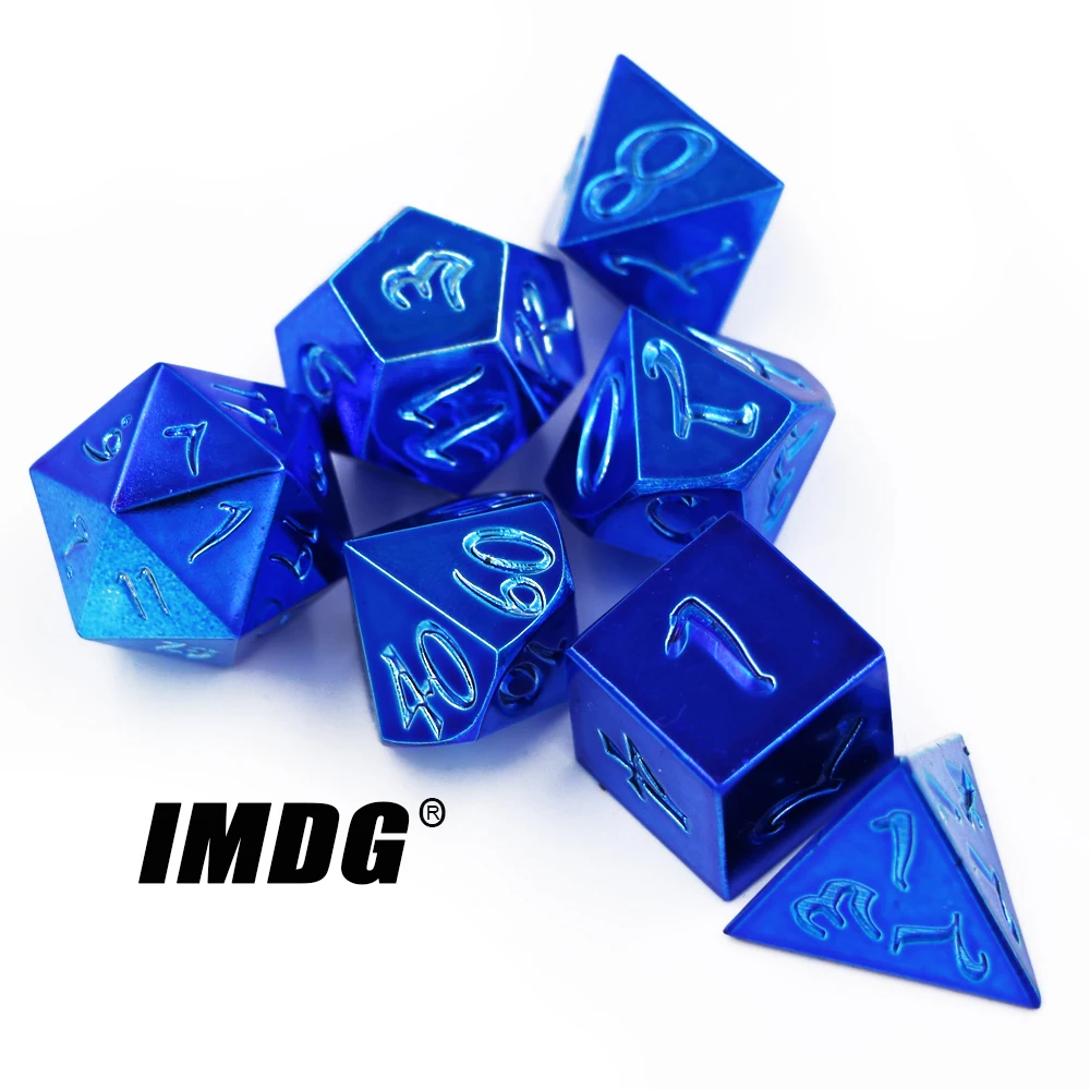 

IMDG 7pcs/set Creative RPG Game Dice Polyhedron Metal Dice DND Large Font Blue Color Digital Game Dice