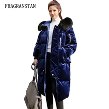 Женская зимняя большая велюровая куртка с воротником из натурального меха, 90% белый пуховик на утином пуху, плотное теплое Женское пальто с капюшоном размера плюс, Vestidos Y169