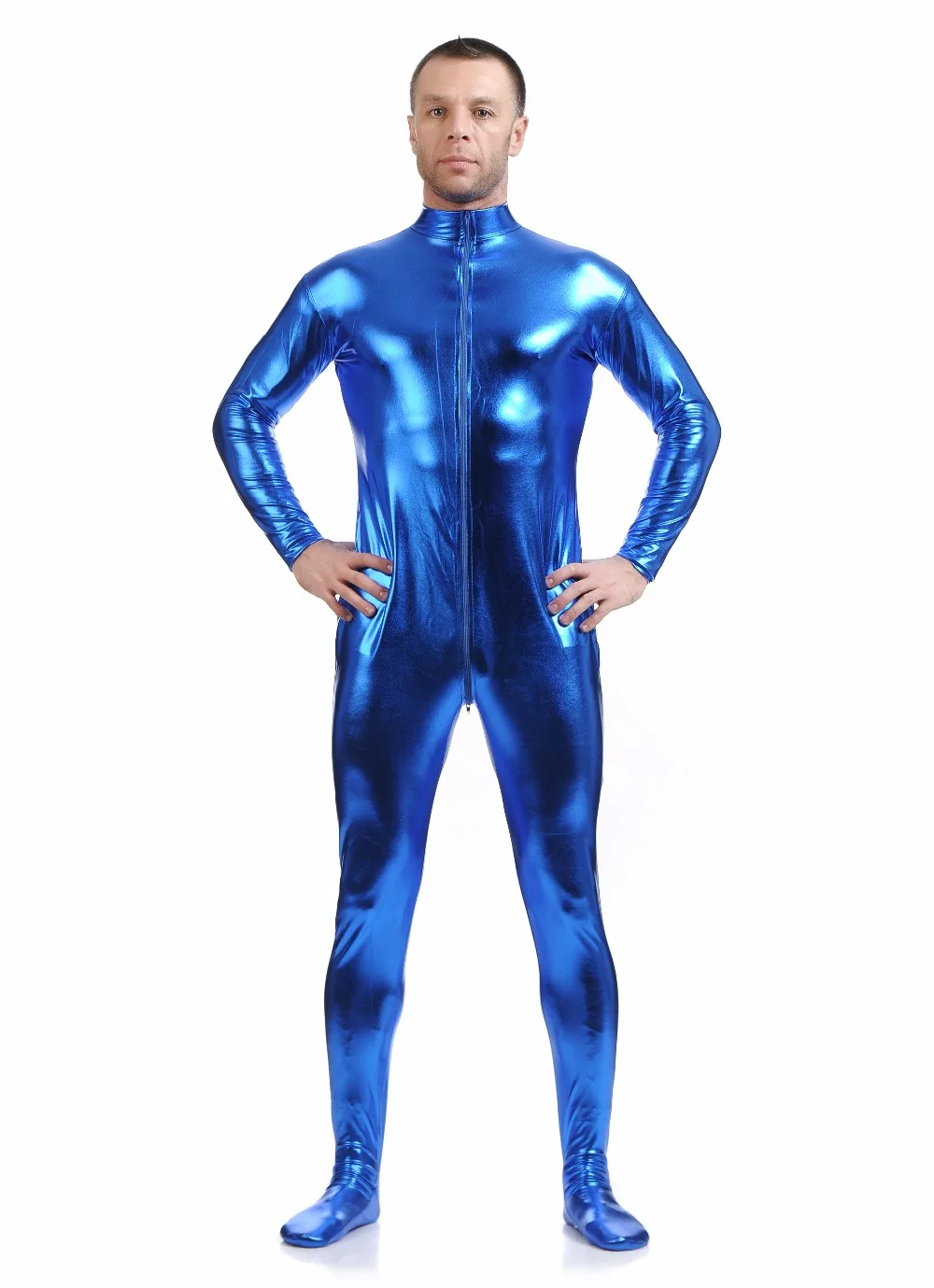 Unisex Blue Zentai Suit Men Front Zip Full Body Zentai Catsuits Spandex  Unitard High Neck Metallic Bodysuits No Hood