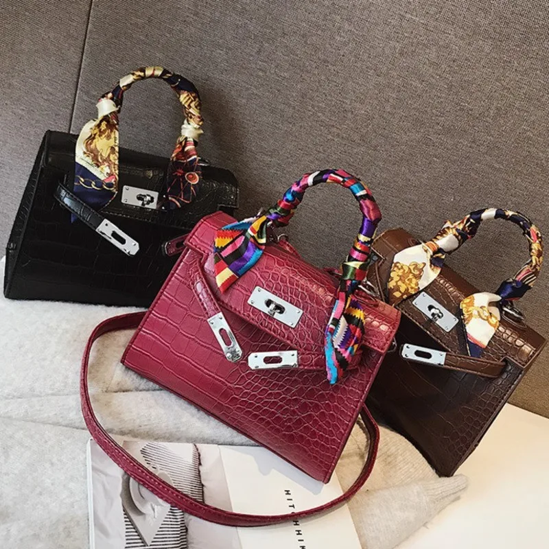 

Female Crocodile Pattern Tote Crossbody Bags For Women 2019 Quality Leather Luxury Handbags Designer Ladies Ribbons Shoulder Bag