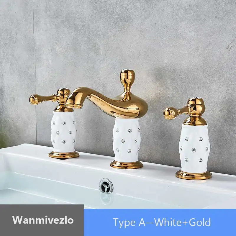 Золотой бортике смеситель для раковины широкий смеситель для ванной комнаты двойные ручки смеситель кран горячей холодной воды модный Смеситель Водопроводной воды кран - Цвет: A White