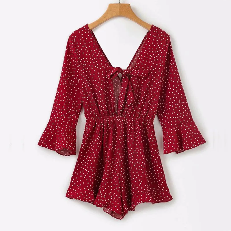 yinlinhe Red Polka Dot Playsuit Women Long Sleeve V neck Sexy Short Jumpsuit Summer Backless Lace Up Bow Boho Elegant Romper 11