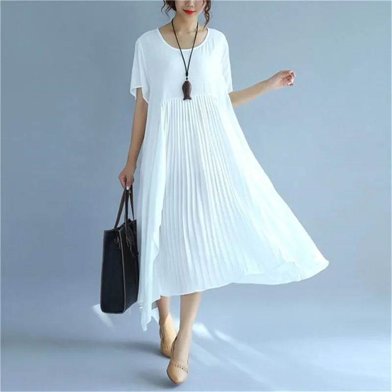 BUYKUD Plus Size Casual Women's Summer Pleated Dresses 2018 White Dress Women Short Sleeve
