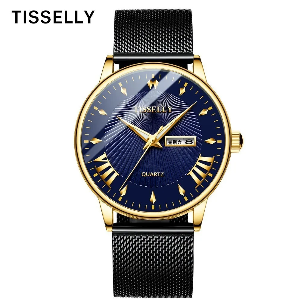 

Tisselly Mens Watches Top Brand Luxury Waterproof Week Date Quartz Clock Male Belt Business Gold Wrist Watch Relogio Masculino
