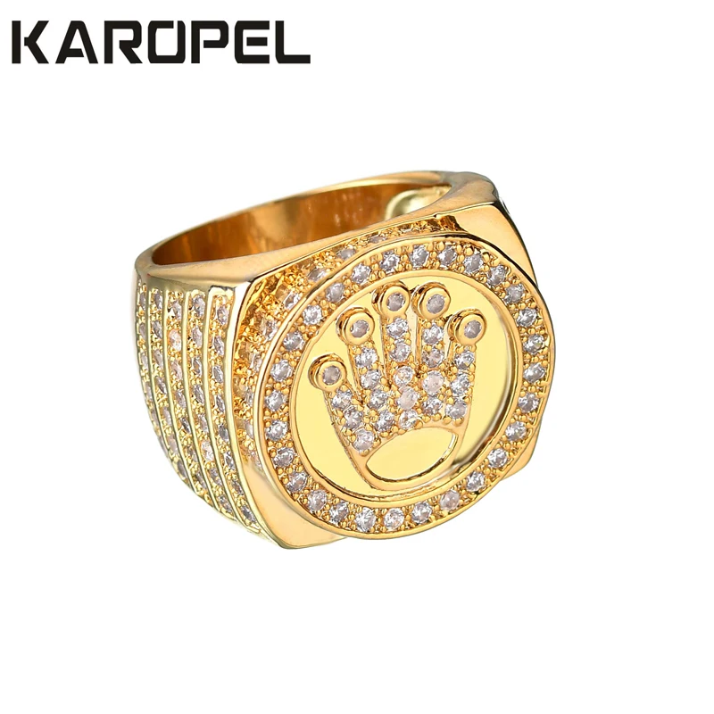 Karopel Hip Hop Bling Jewelry King Crown Father's Day Gift For Men Bling Bling Micro Pave CZ Gold Color Zircon Ring