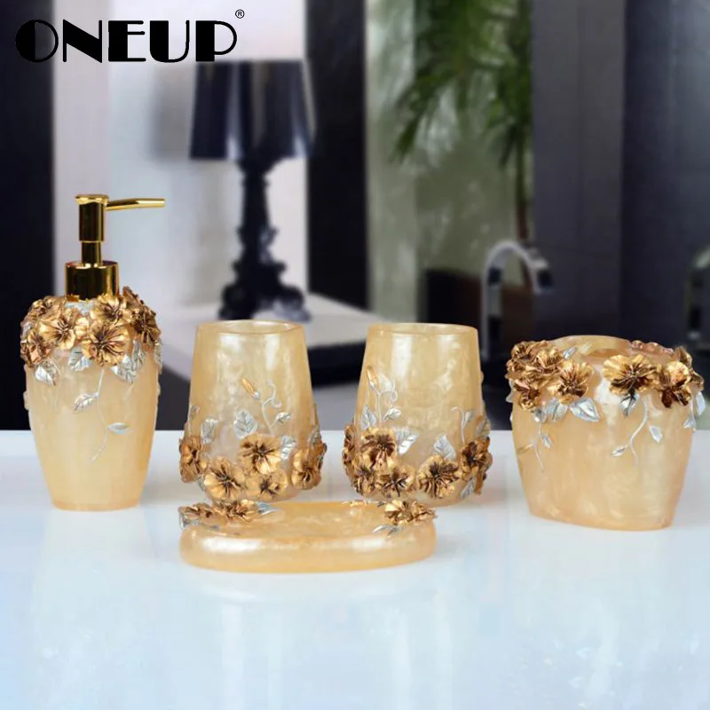 

ONEUP Bathroom Accessories Sets 5PCS Resin Bathroom Suit Soap Dispenser/Toothbrush Holder/Cup/Soap Dish Bath Products Wash Set