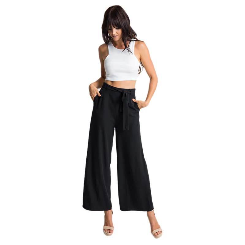 Woman Ladies Loose Lace Up The Belt Straight Leg Casual Black Trousers High Waist Wide Leg Trousers Women Long Pants With Belt