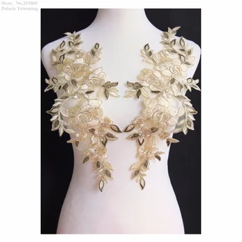 

Free Shipping 1Mirror Pair=2pcs x Beige/Gold/Olive Green Flower Embroidery Lace Appliques Trim Patch Garment Decorating PBNC122F