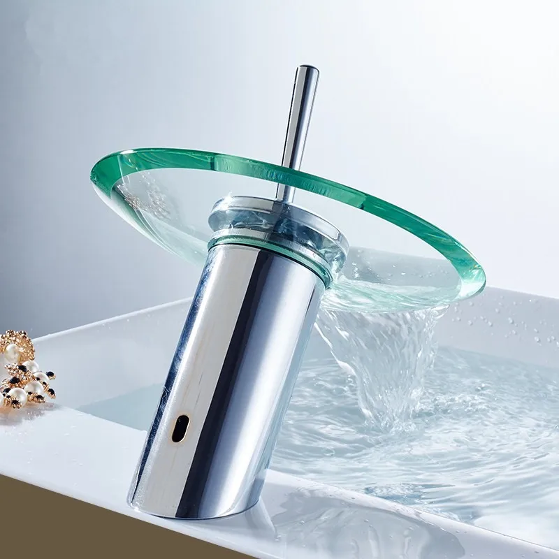 Online Bad Wasserfall Becken Waschbecken Mischbatterie Wasserhahn Chrom Poliert Glas Rand Wasserhahn Tap Kalt Und Warmwasser Deck Montiert