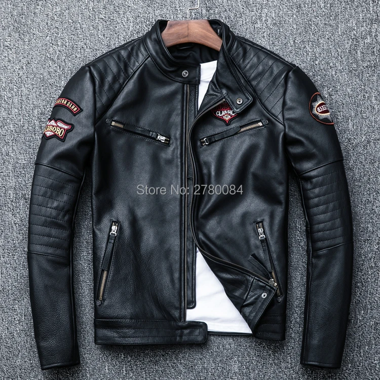 

Factory genuine leather jacket man slim motocycle coat real leather cowhide cow skin outwear male punk suit animal embroide