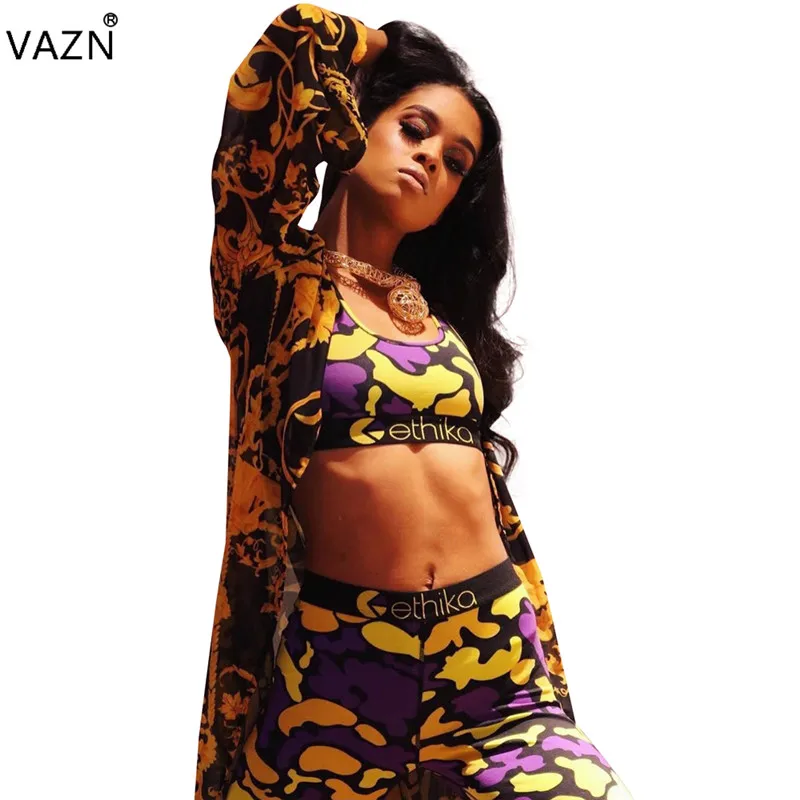 VAZN/Лидер продаж, сексуальный стиль, комплект из 2 предметов для женщин, камуфляжный топ на бретелях, длинные штаны, спортивные костюмы с вырезами, комплект для снижения возраста LSL6247