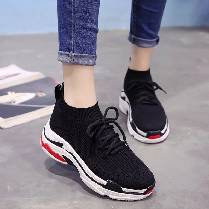

QUANZIXUAN 2018 New Chunky Sneakers Spring Women Shoes Knit Upper Casual Shoes High Top Shoes For Women Vulcanized Shoes