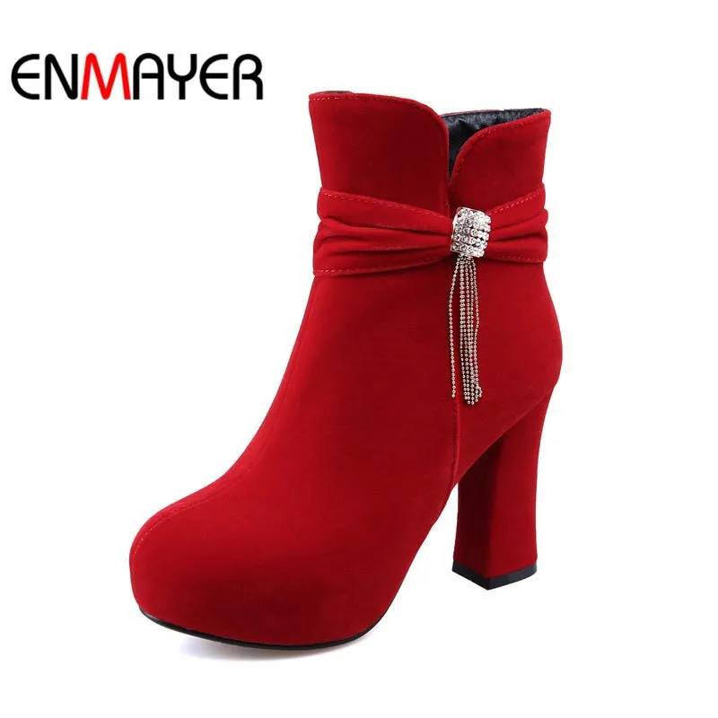 

ENMAYER Wedding Winter Platform Pumps Shoes Women New Round Toe Fashion Square heel High Boots For Women Warm Snow Boots Zip